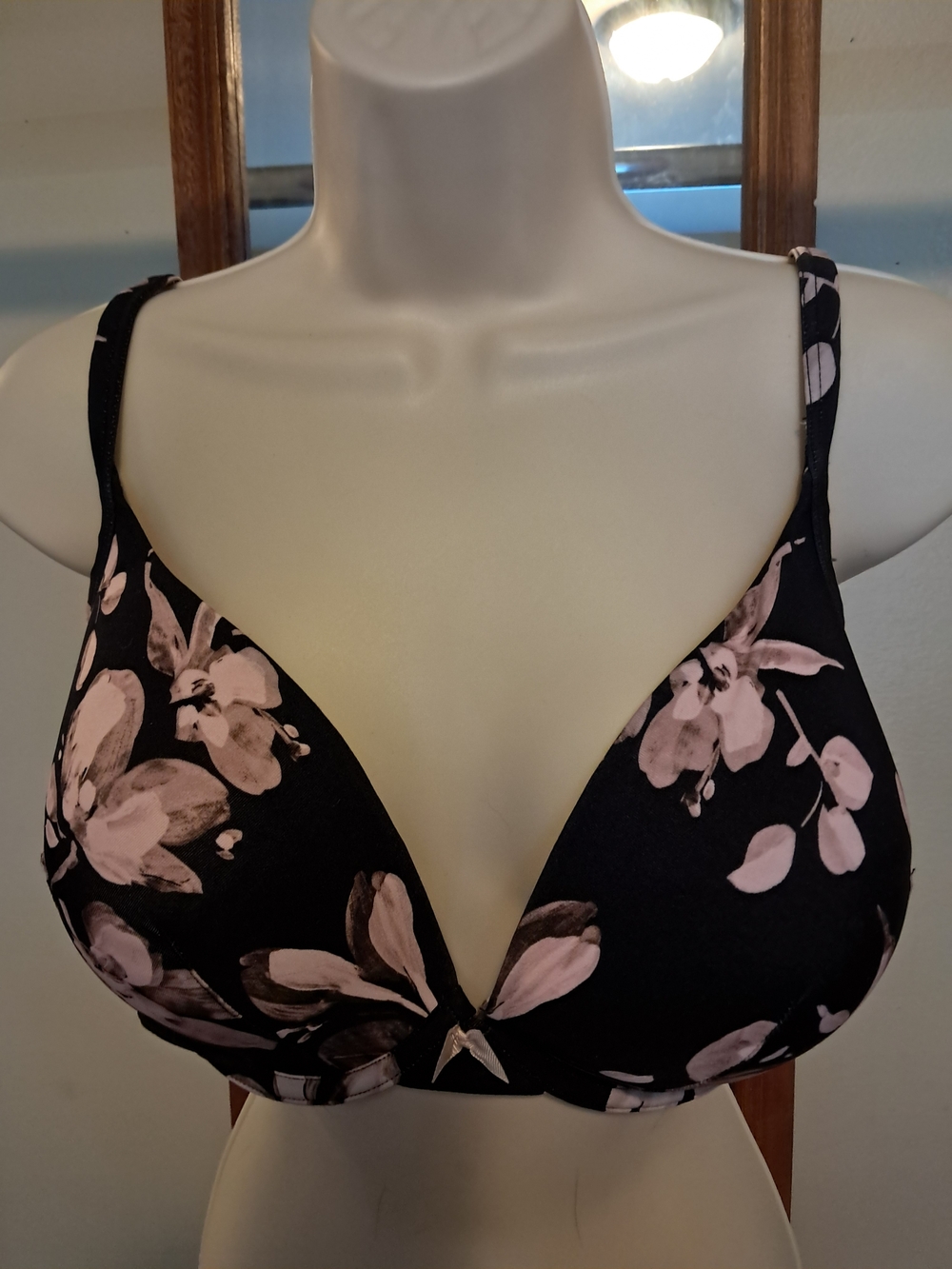 Cacique Black Bra with Pale Pink Floral Pattern